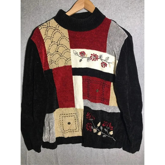 Alfred Dunner Sweaters - Womens Alfred Dunner Sweater Crushed Velvet Feel Colorblock Mock Neck Floral